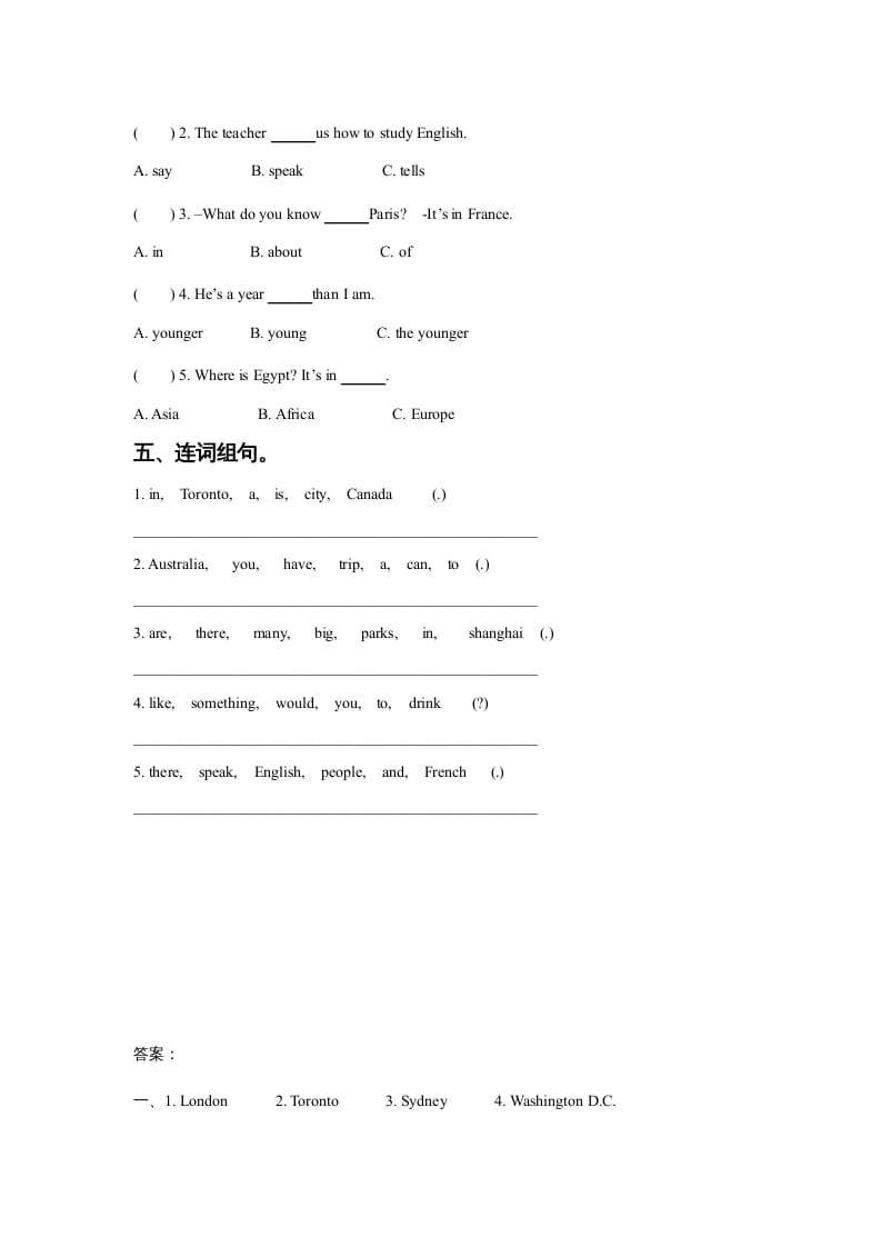 图片[2]-六年级英语上册Unit2AroundtheWorldLesson1同步练习3（人教版一起点）-暖阳学科网