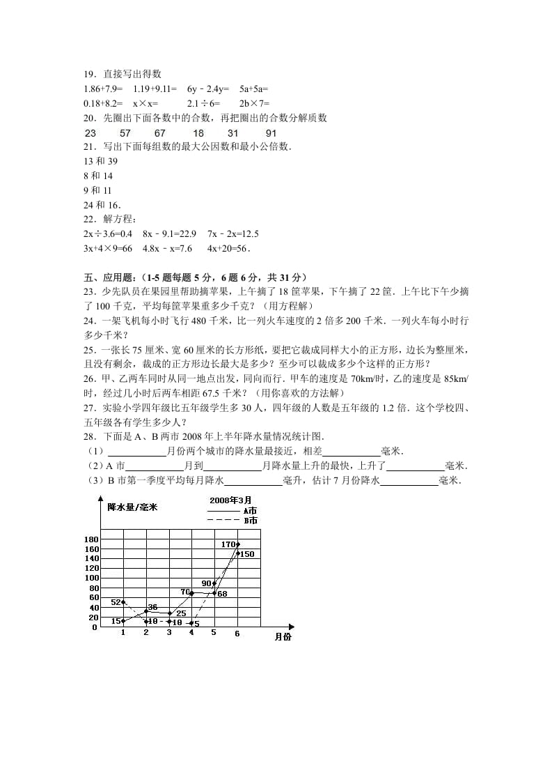 图片[2]-五年级数学下册苏教版下学期期中测试卷10-暖阳学科网