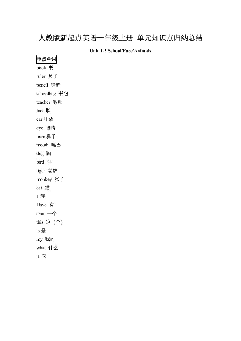 一年级英语上册单元知识点归纳总结（人教一起点）-暖阳学科网