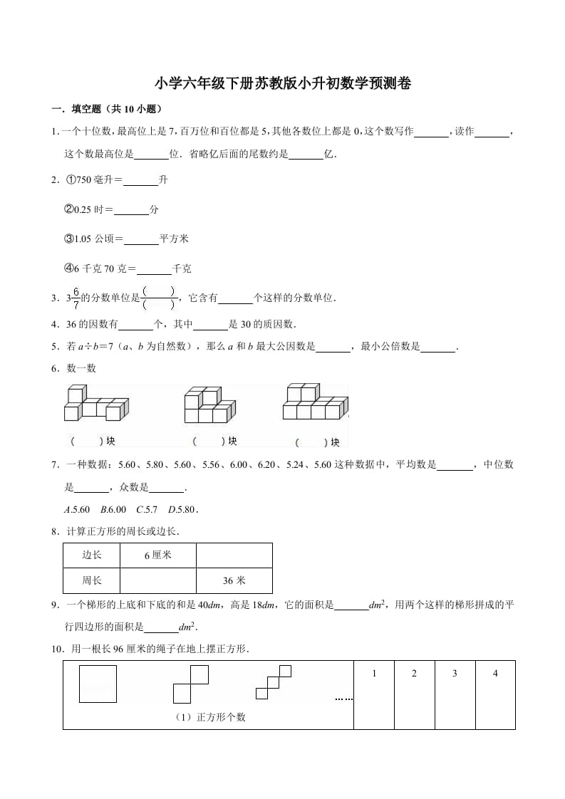 六年级数学下册小升初模拟试题（30）苏教版（含解析）-暖阳学科网