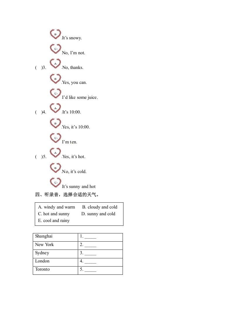 图片[2]-四年级英语下册Unit3WeatherPartB同步听力训练人教PEP版-暖阳学科网