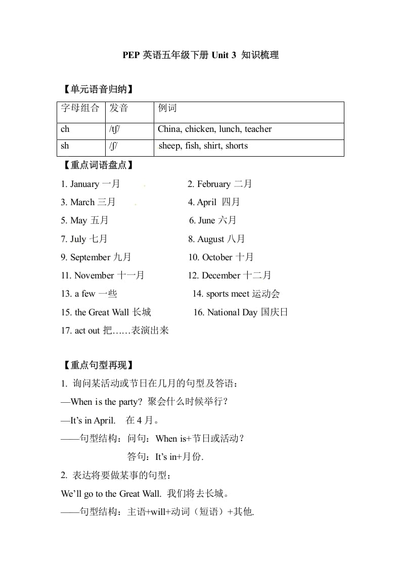 五年级数学下册英语单元知识梳理-Unit3Myschoolcalendar人教PEP-暖阳学科网