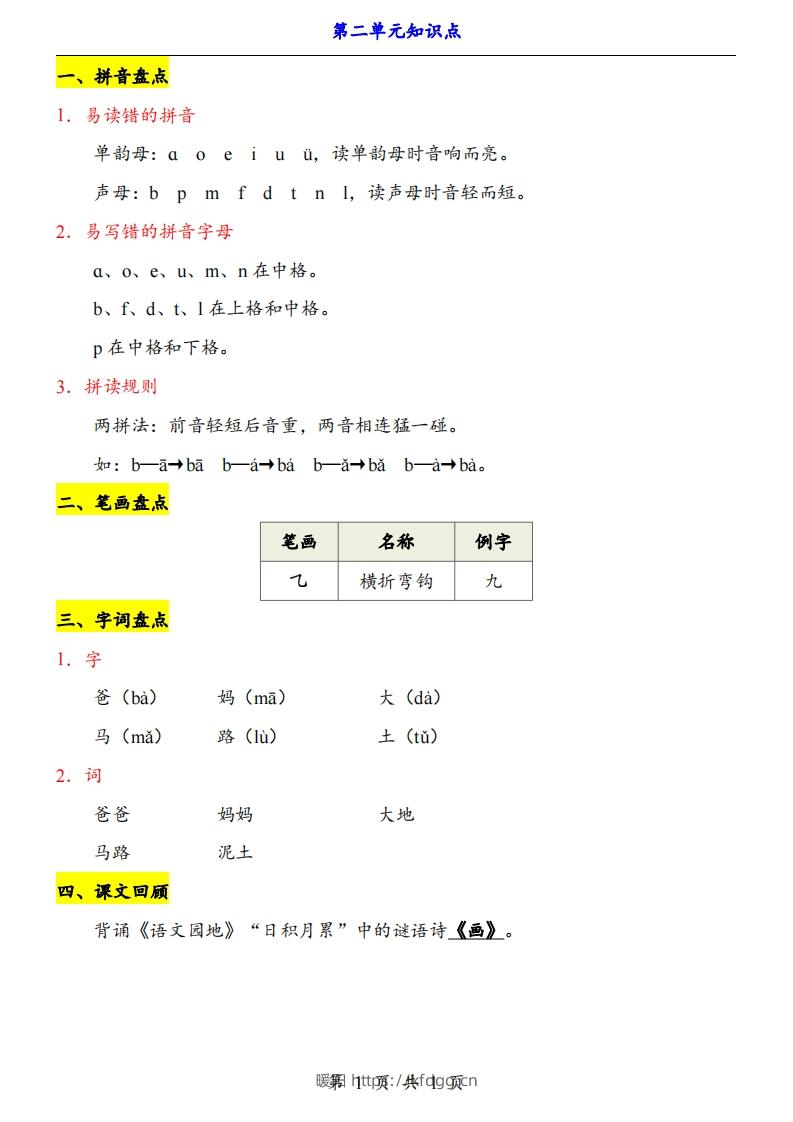 【24新教材】一上语文第2单元知识点梳理-暖阳学科网