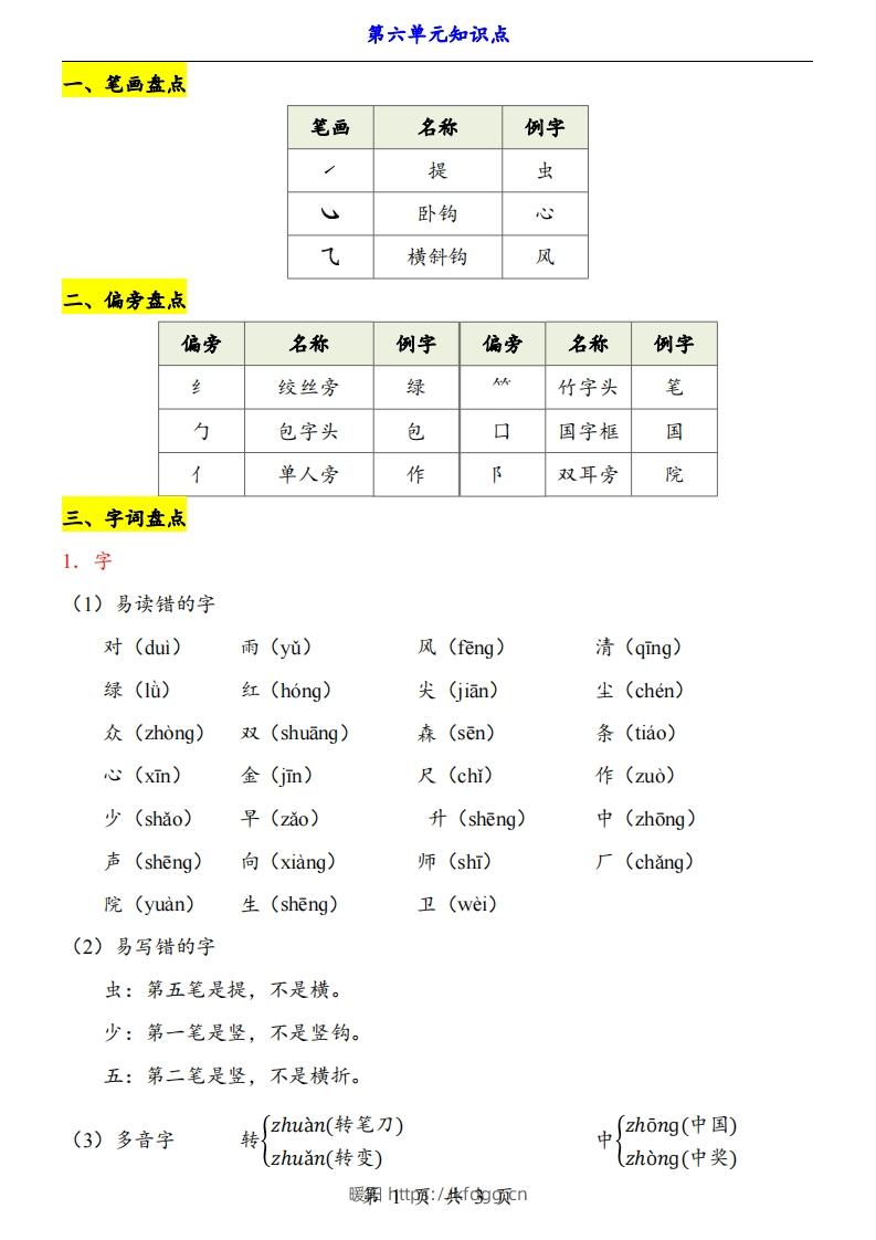 【24新教材】一上语文第6单元知识点梳理-暖阳学科网