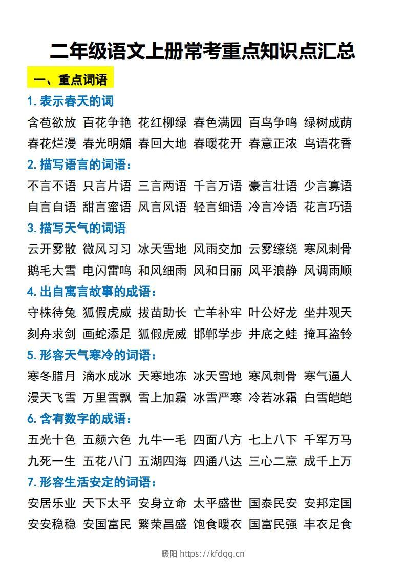 二年级语文上册常考重点知识点汇总-暖阳学科网