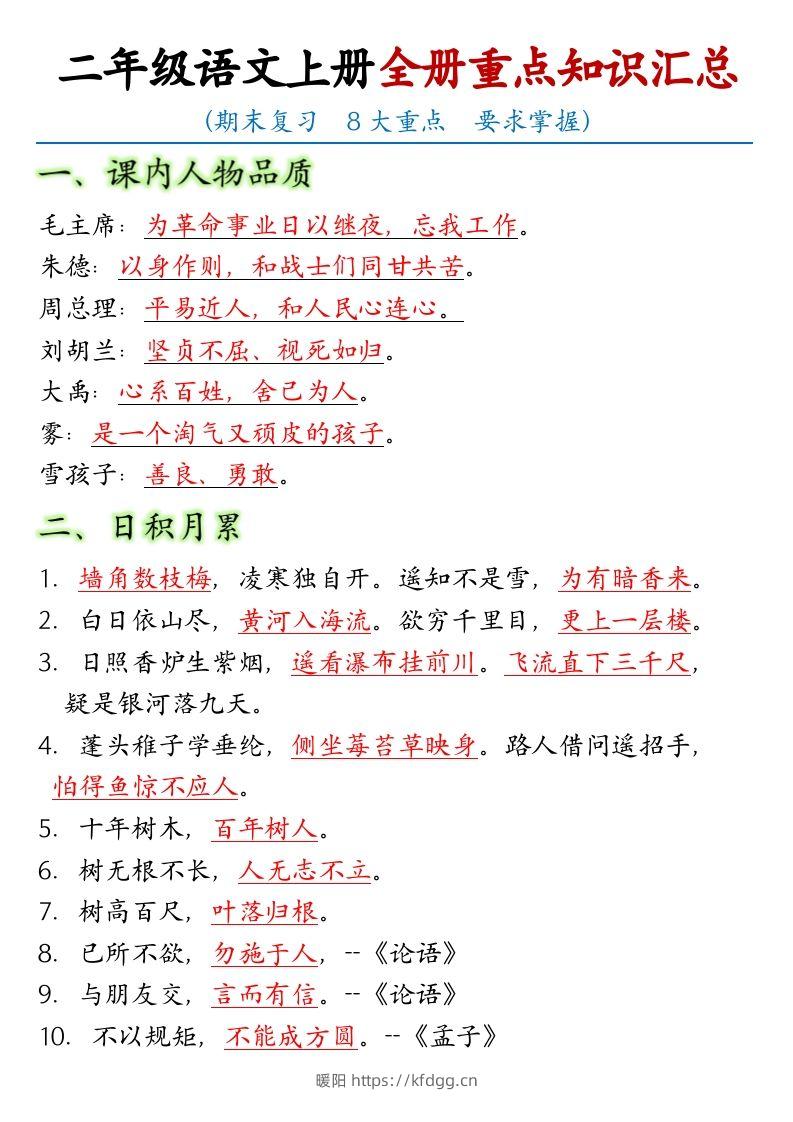 【全册重点考点归纳】二上语文-暖阳学科网