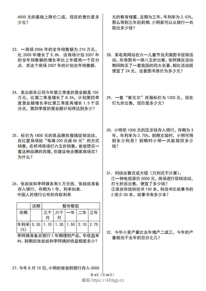 图片[3]-六年级数学上册百分数应用题60题-暖阳学科网