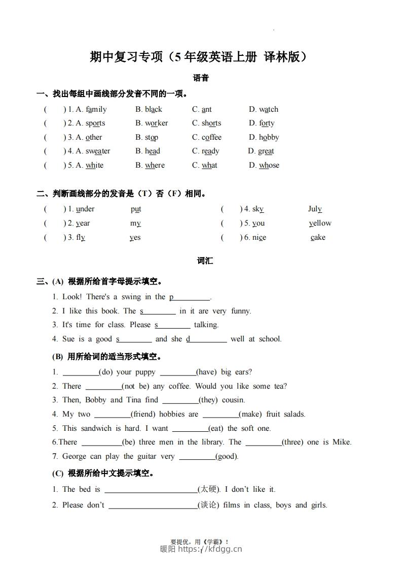 期中复习专项（五上英语译林版）-暖阳学科网