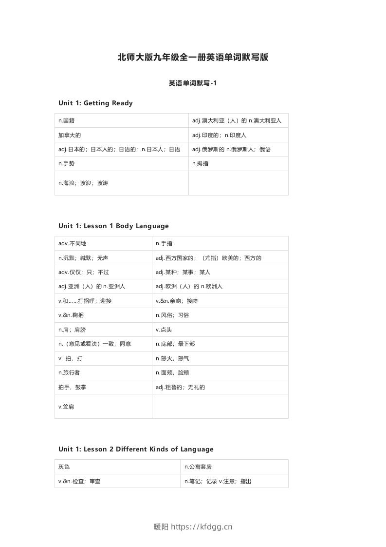 北师大版九年级上册英语单词默写表-暖阳学科网