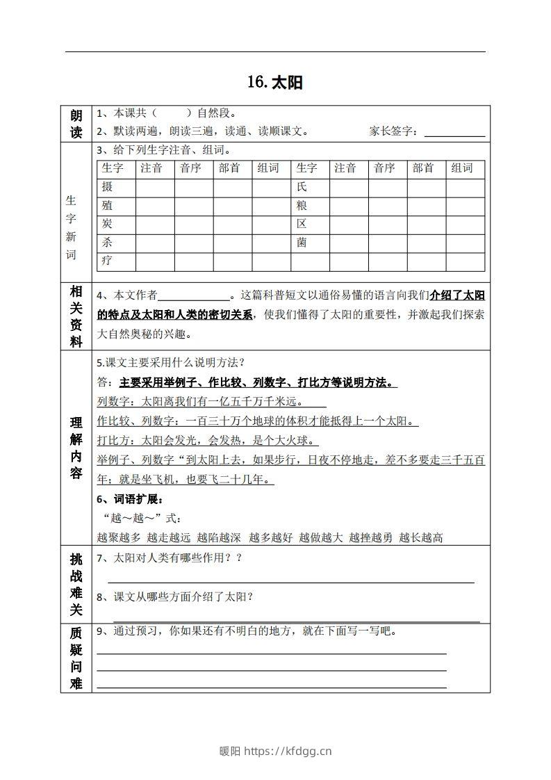 五上语文课前预习（16-20课）-暖阳学科网