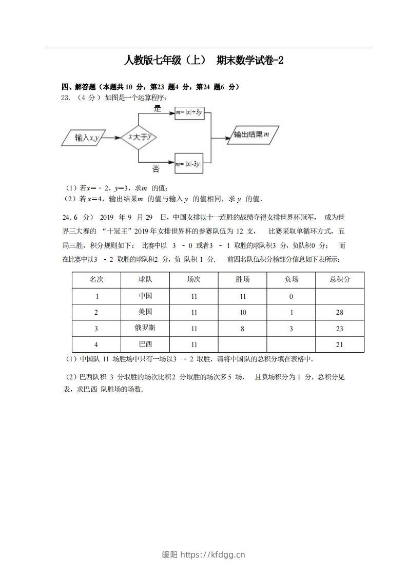 七年级（上）数学期末试卷4-2卷人教版-暖阳学科网