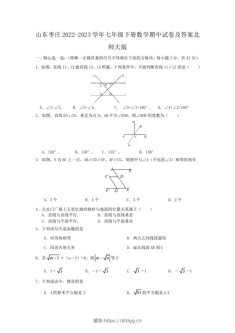 山东枣庄2022-2023学年七年级下册数学期中试卷及答案北师大版(Word版)-暖阳学科网