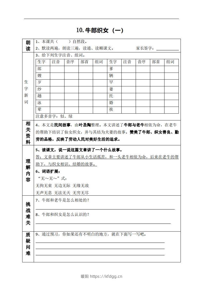 五上语文课前预习（10-15课）-暖阳学科网