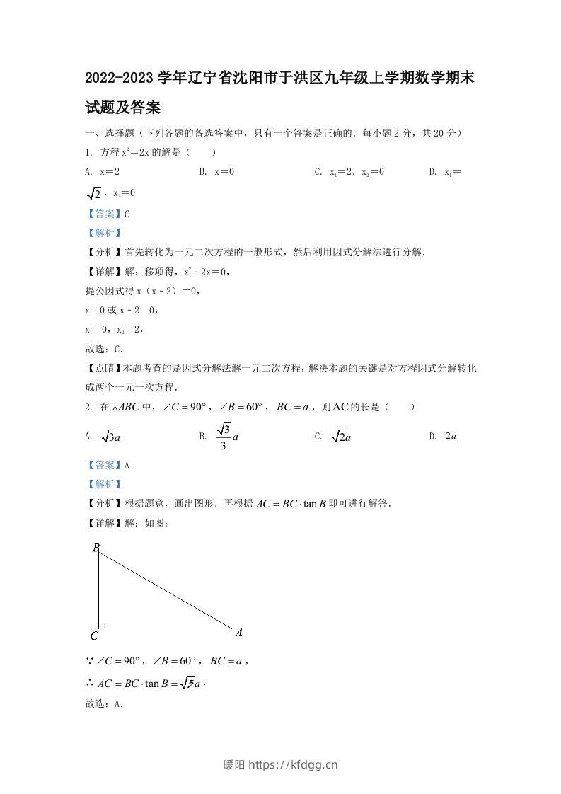 2022-2023学年辽宁省沈阳市于洪区九年级上学期数学期末试题及答案(Word版)-暖阳学科网