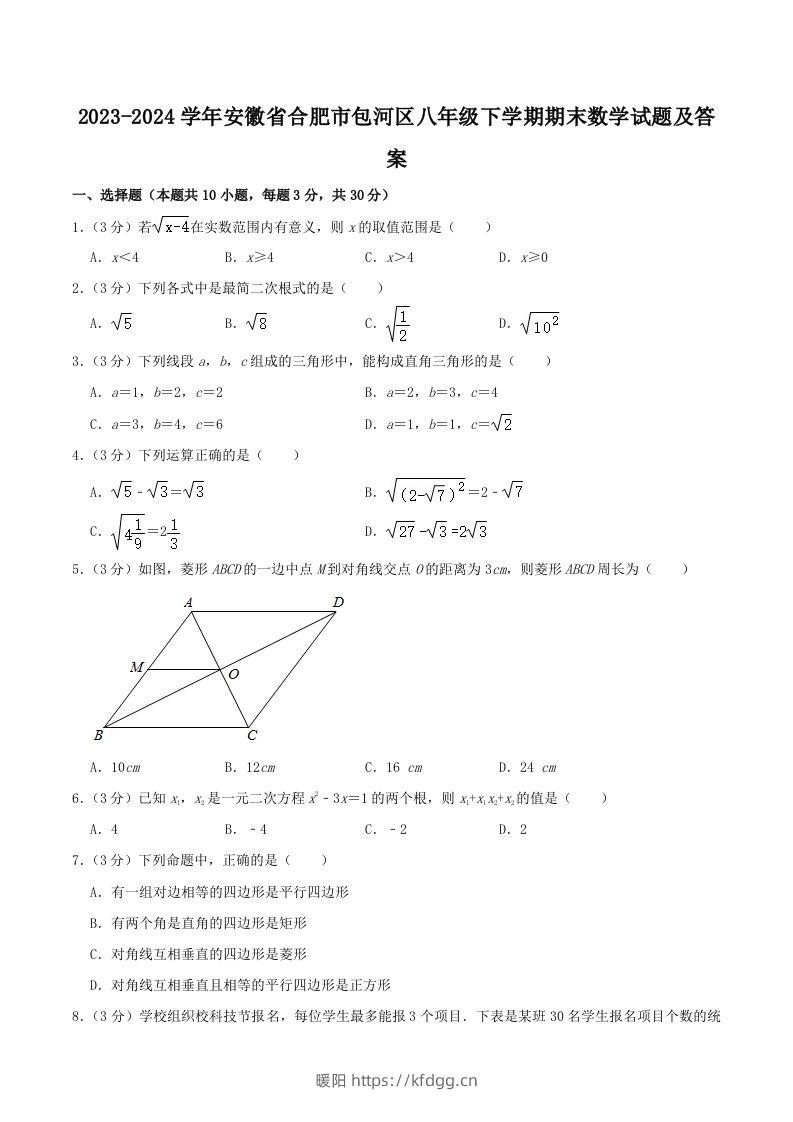 2023-2024学年安徽省合肥市包河区八年级下学期期末数学试题及答案(Word版)-暖阳学科网