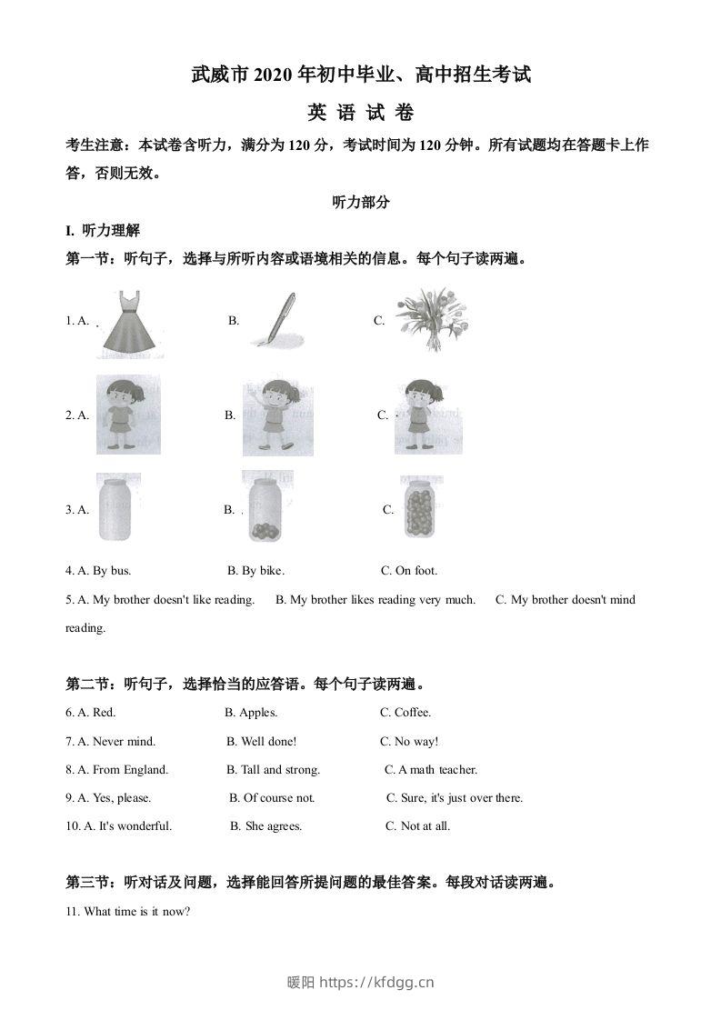 甘肃省武威市2020年中考英语试题（含答案）-暖阳学科网