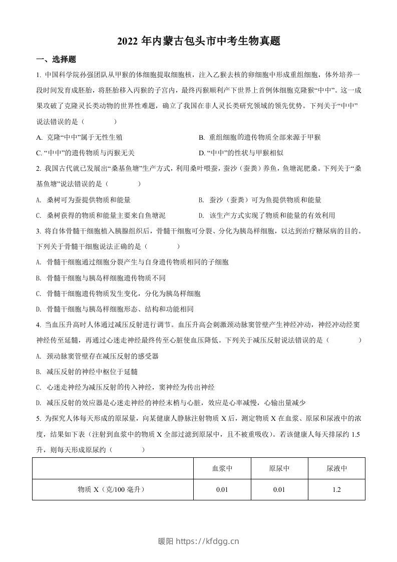 2022年内蒙古包头市中考生物真题（空白卷）-暖阳学科网