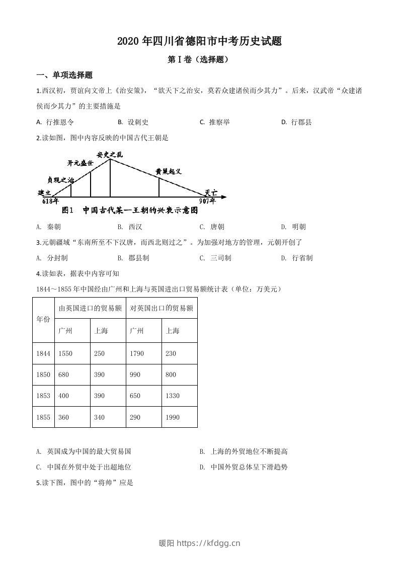 四川省德阳市2020年中考历史试题（空白卷）-暖阳学科网