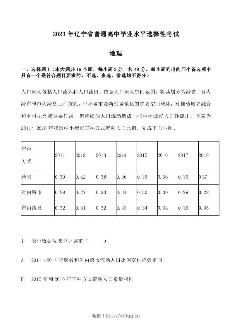 2023年高考地理试卷（辽宁）（空白卷）-暖阳学科网