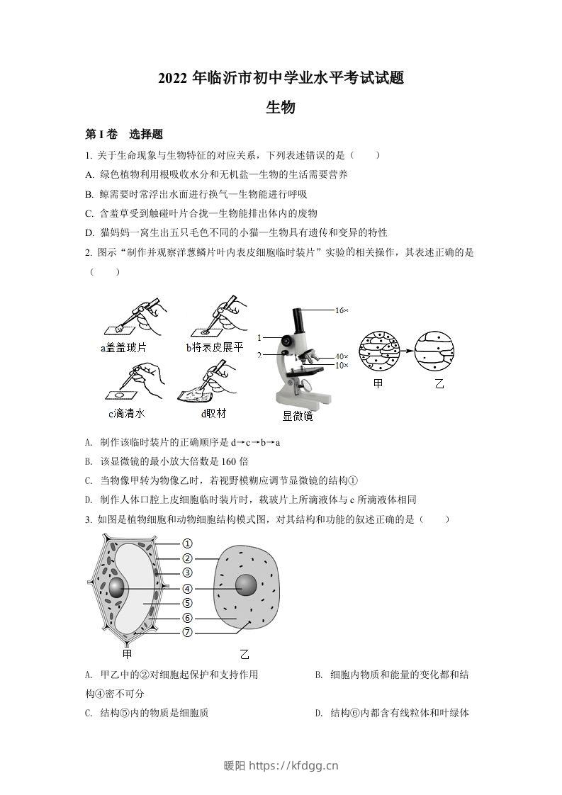 2022年山东省临沂市中考生物真题（空白卷）-暖阳学科网