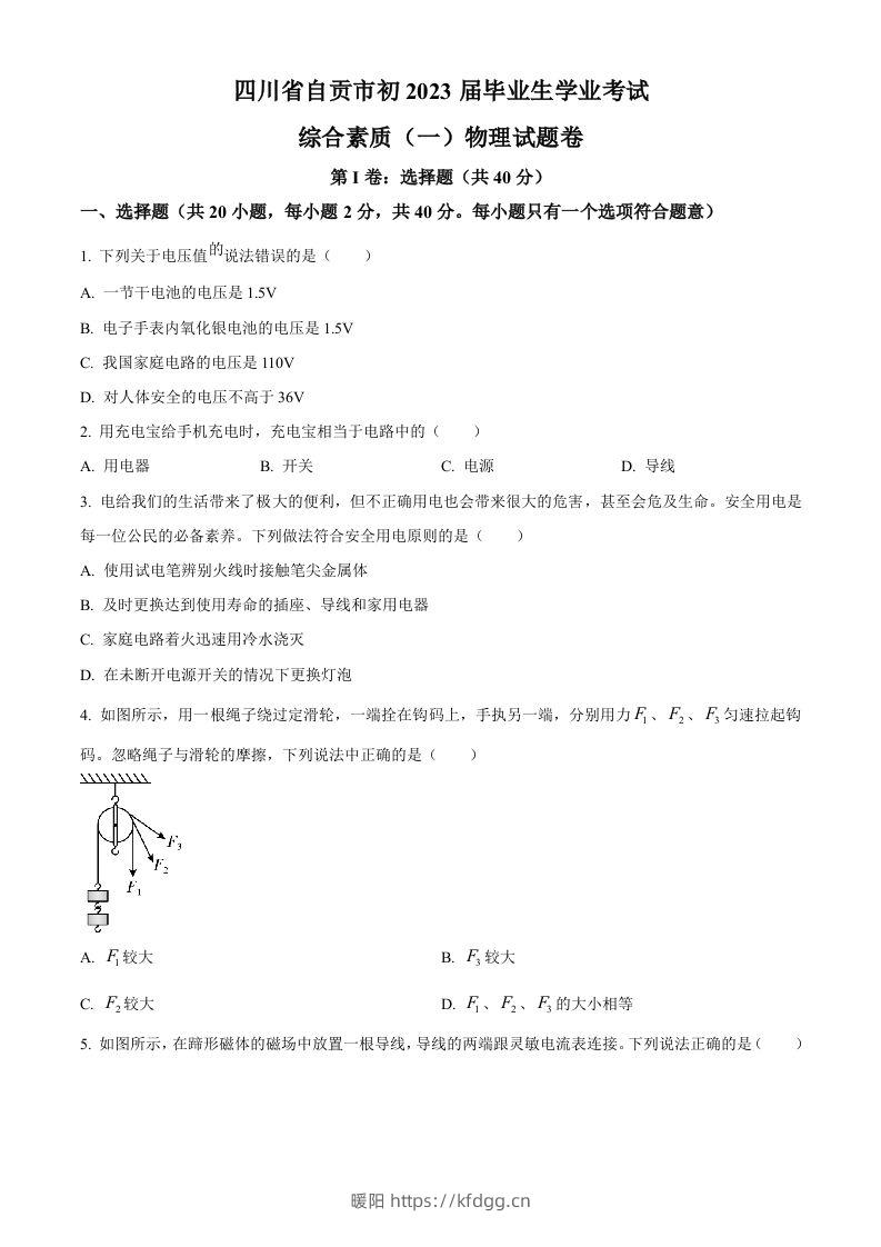 2023年四川省自贡市中考物理试题（空白卷）-暖阳学科网