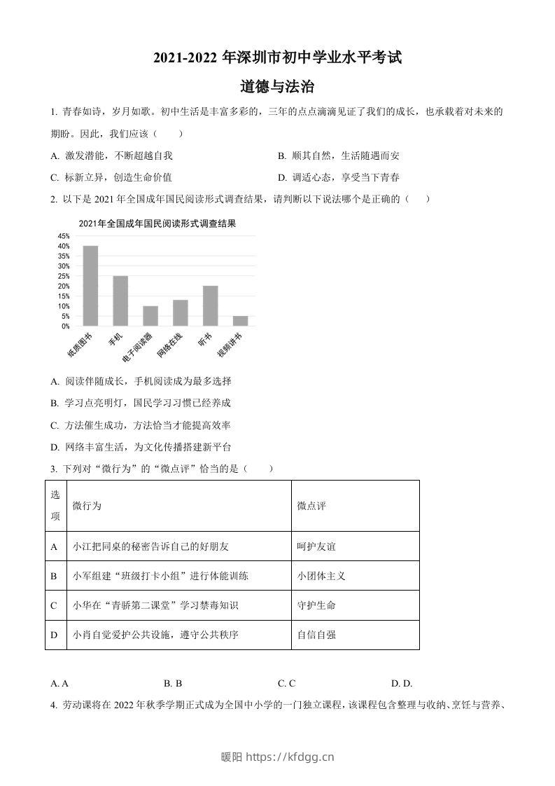 2022年广东省深圳市中考道德与法治真题（空白卷）-暖阳学科网