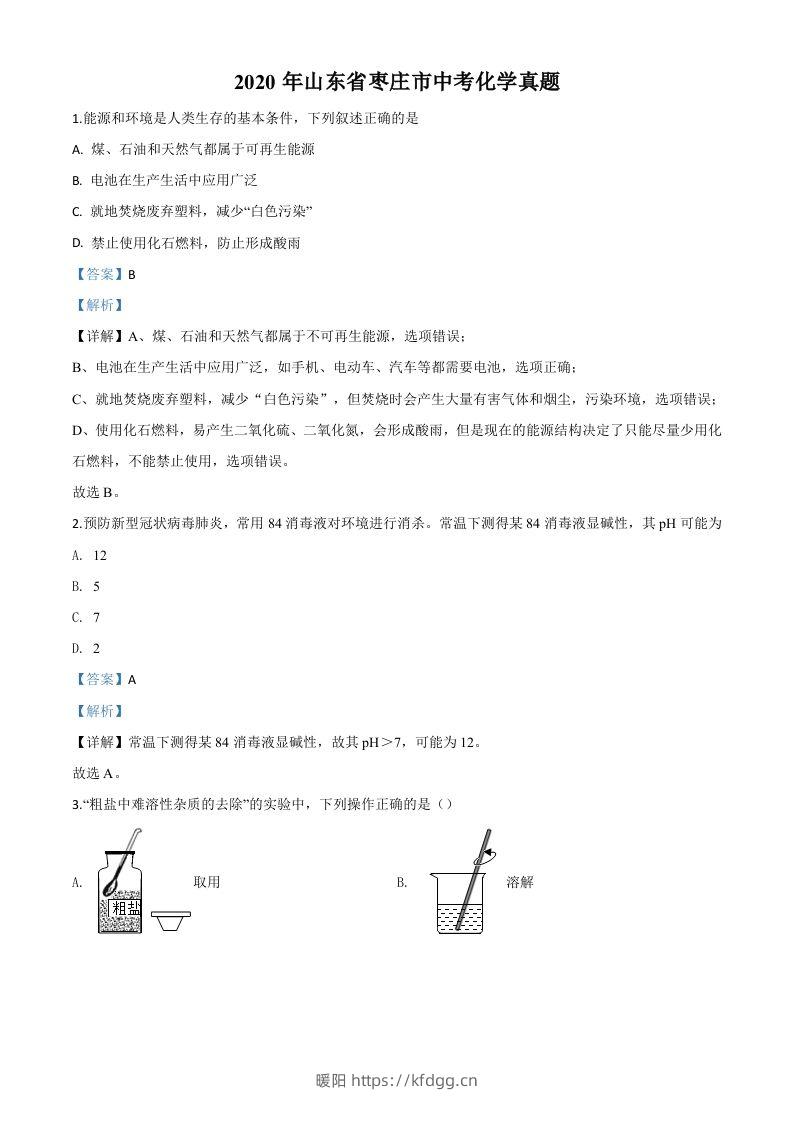 山东省枣庄市2020年中考化学试题（含答案）-暖阳学科网