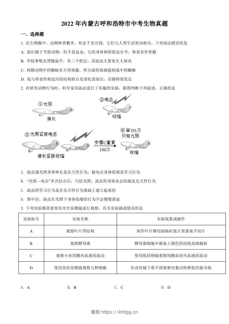 2022年内蒙古呼和浩特市中考生物真题（空白卷）-暖阳学科网