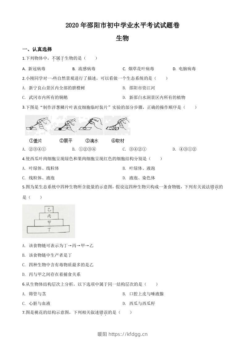 湖南省邵阳市2020年中考生物试题（空白卷）-暖阳学科网