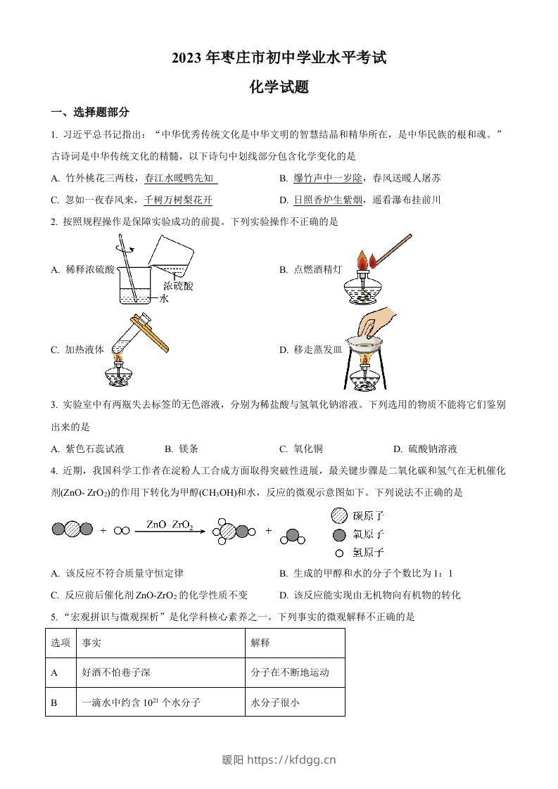 2023年山东省枣庄市中考化学真题（空白卷）-暖阳学科网