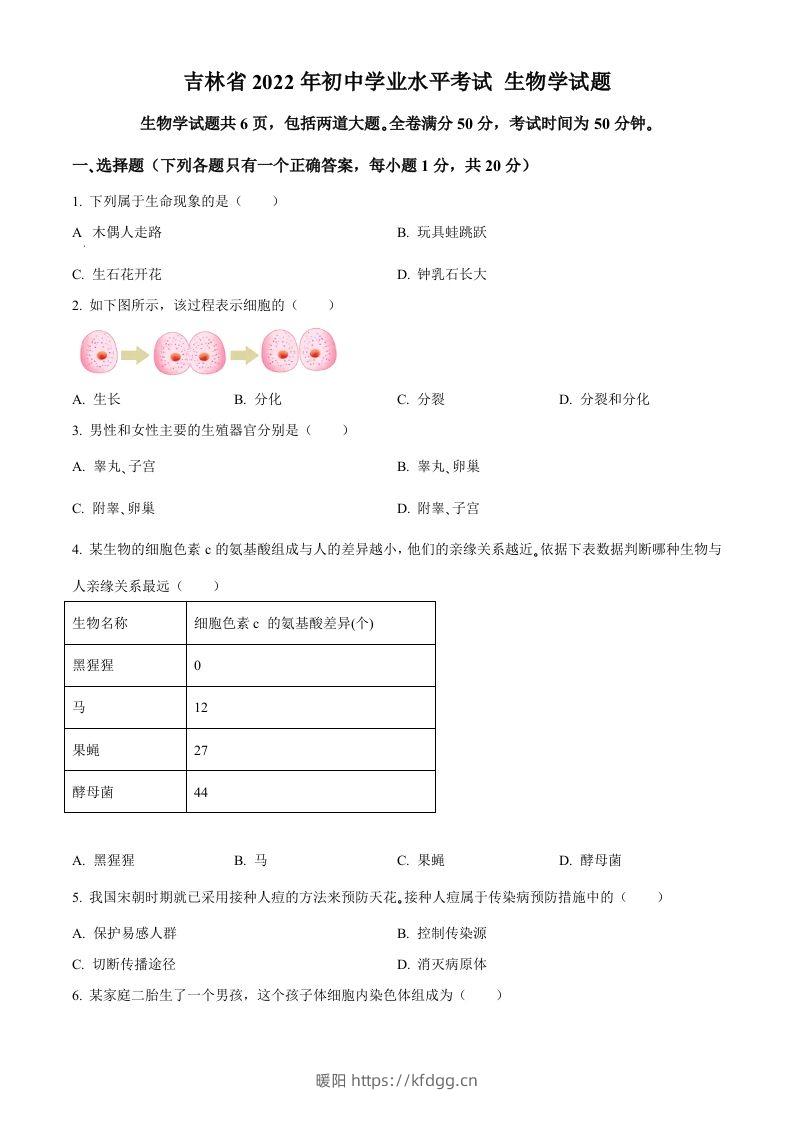 2022年吉林省大安市中考生物真题（空白卷）(1)-暖阳学科网