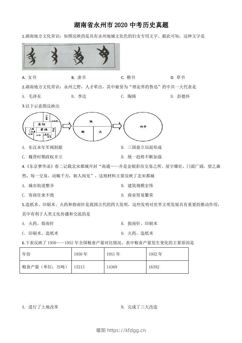 湖南省永州市2020年中考历史试题（空白卷）-暖阳学科网