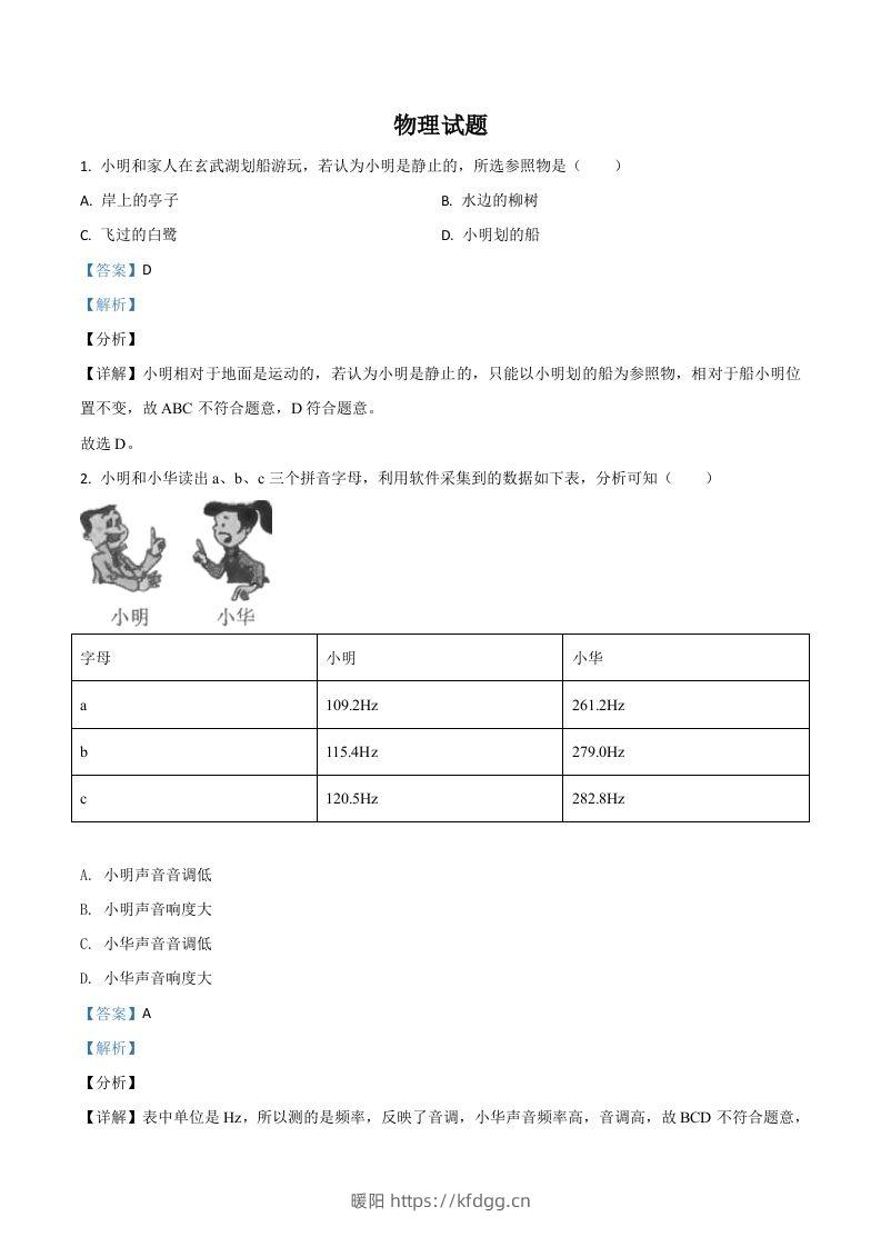 江苏省南京市2021年中考物理试题（含答案）-暖阳学科网