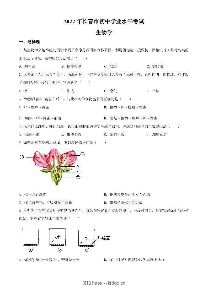 2022年吉林省长春市中考生物真题（空白卷）-暖阳学科网