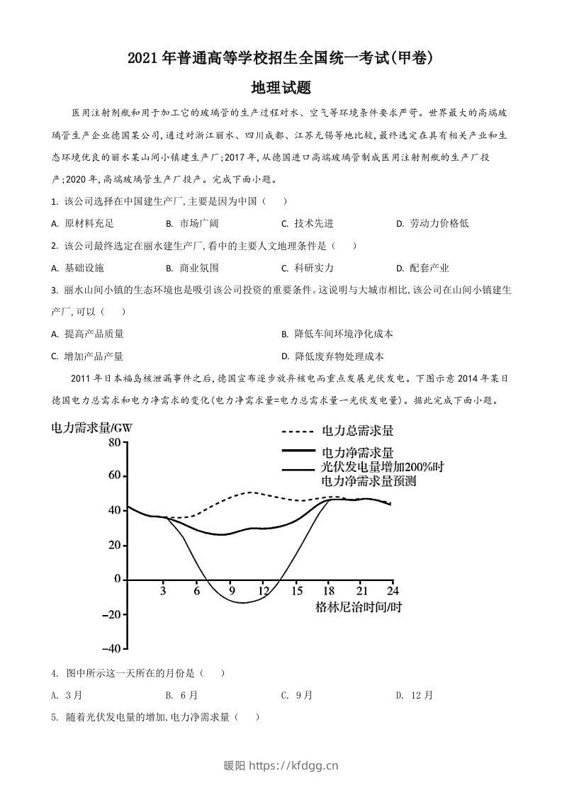 2021年高考地理试卷（全国甲卷）（空白卷）-暖阳学科网