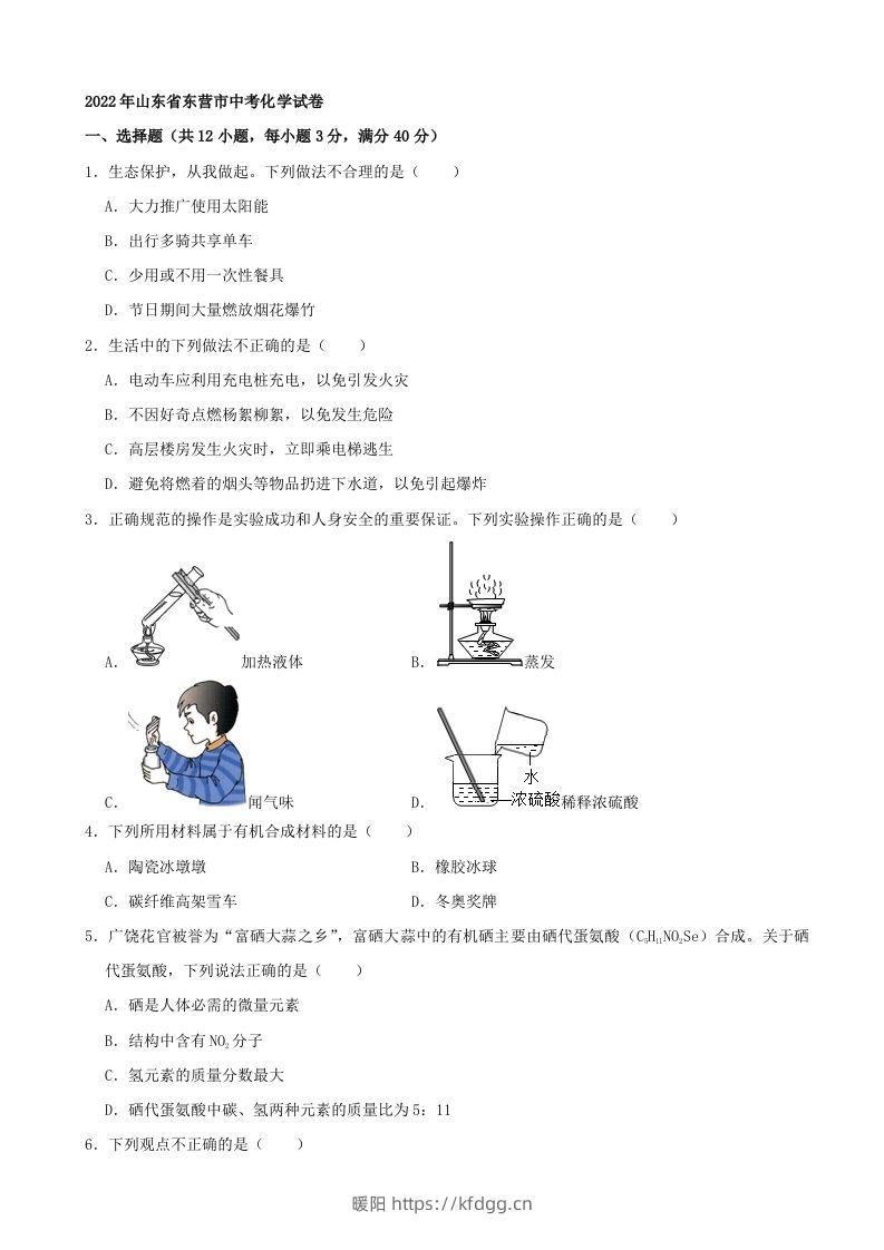 2022年山东省东营市中考化学真题及答案-暖阳学科网