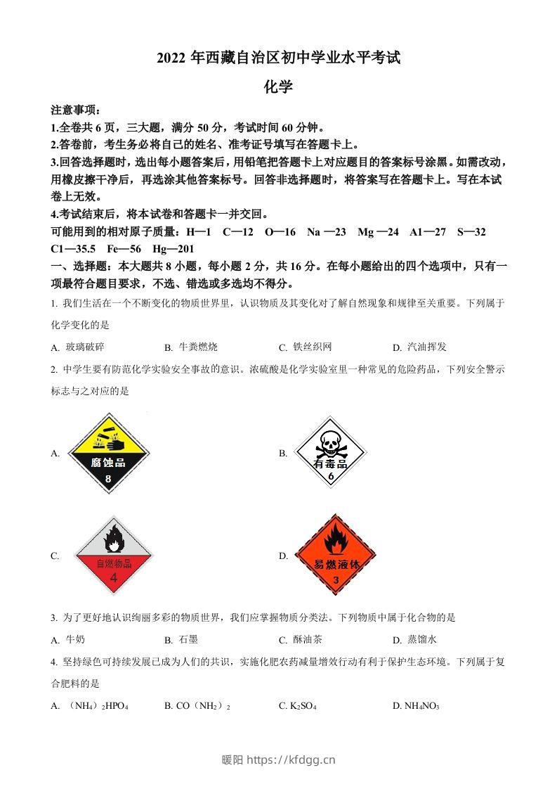 2022年西藏自治区中考化学真题（空白卷）-暖阳学科网