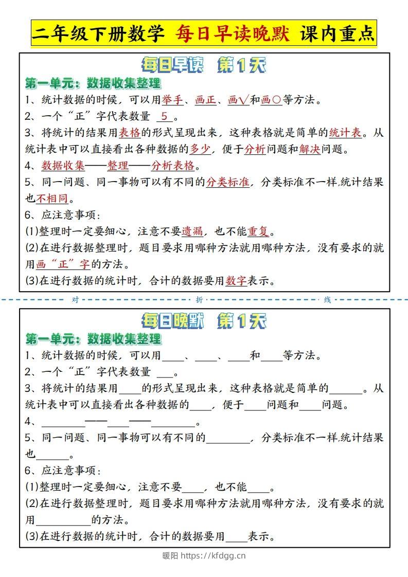 二下数学每日晨读晚默课内重点知识点（人教版）-暖阳学科网