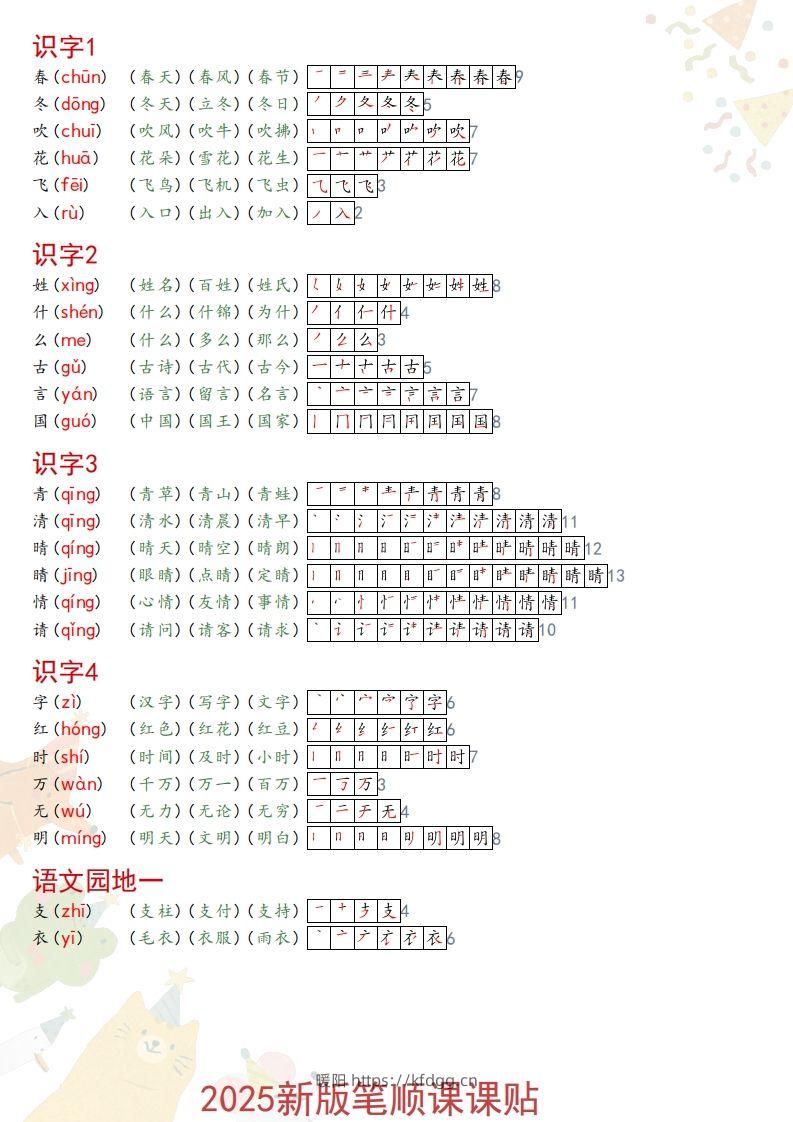 2025春一年级语文新版笔顺课课贴-暖阳学科网