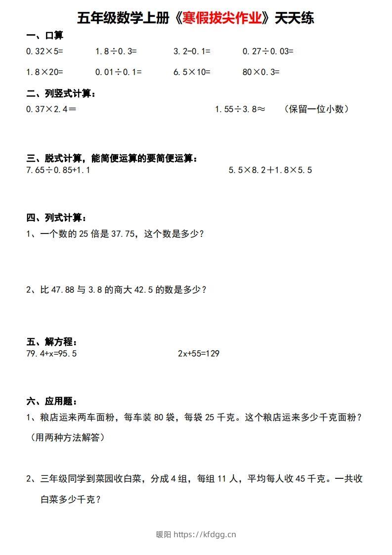 五年级下【数学寒假】拔尖作业天天练30天-暖阳学科网