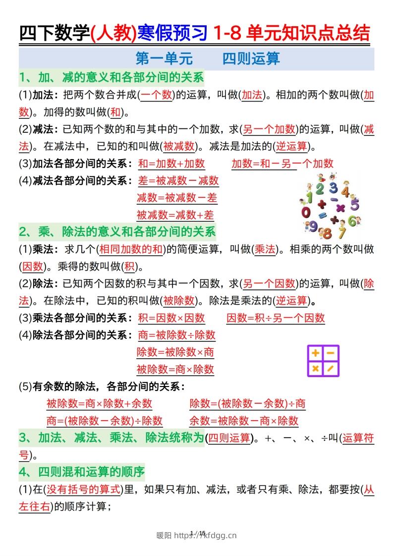 四下数学(人教)寒假预习1-8单元知识点总结（14页）-暖阳学科网