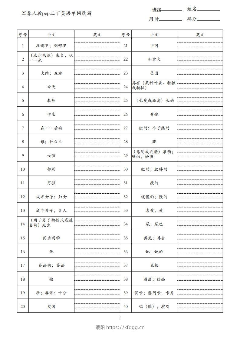 25春人教pep三下英语单词默写表（3页）-暖阳学科网