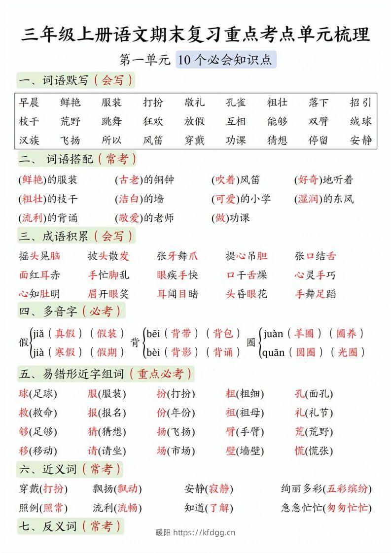 【期末复习1-8单元重点考点单元梳理】三上语文-暖阳学科网